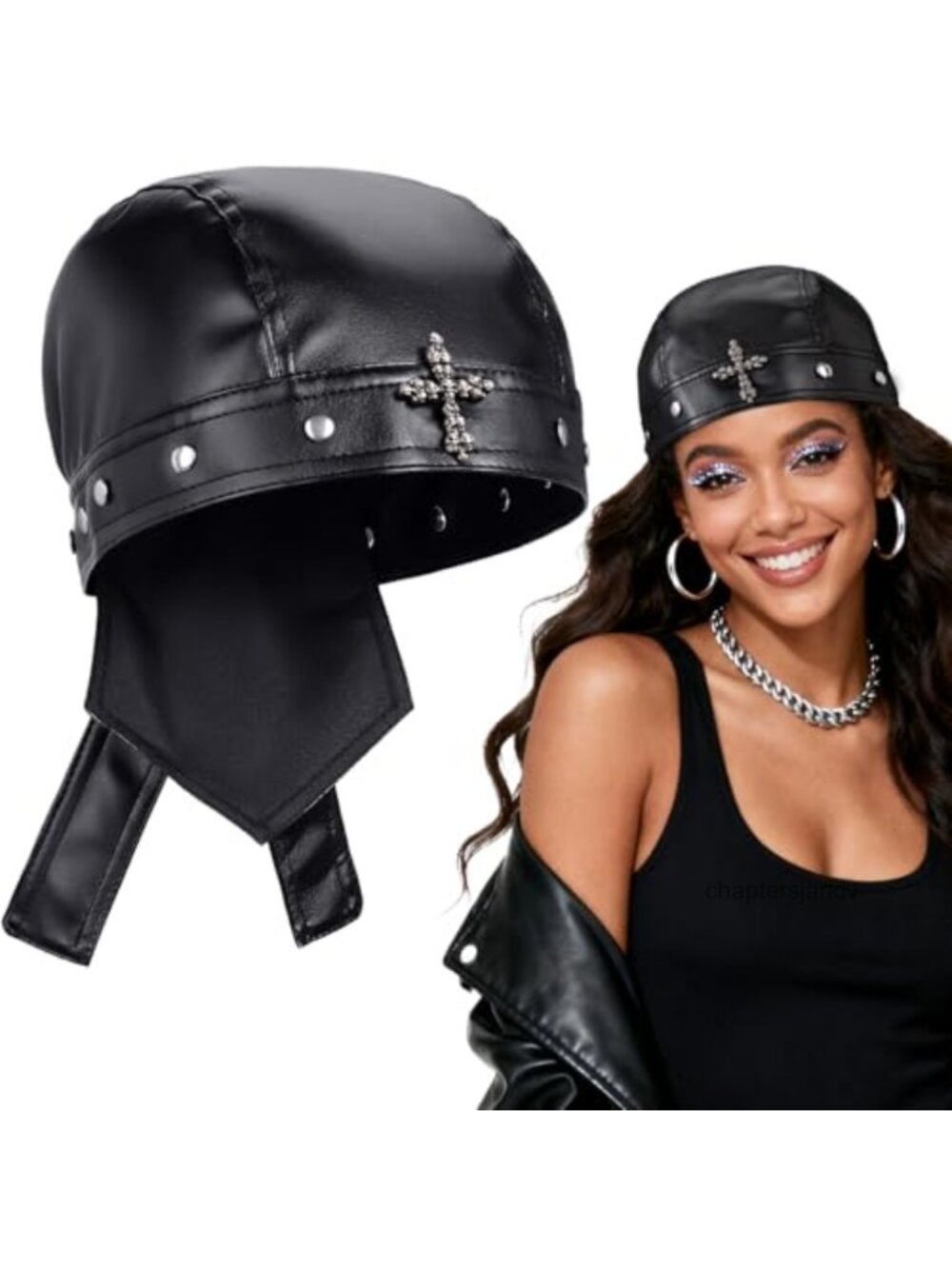 PU Leather Biker Skull Cap Gothic Bandana Unisex Motorcycle Hat Adjustable